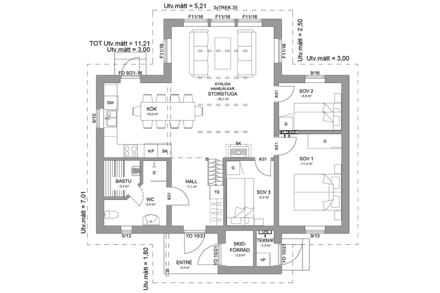 Planritning entreplan fjällstuga med loft 79 kvm Abisko 101 loft spegelvänd
