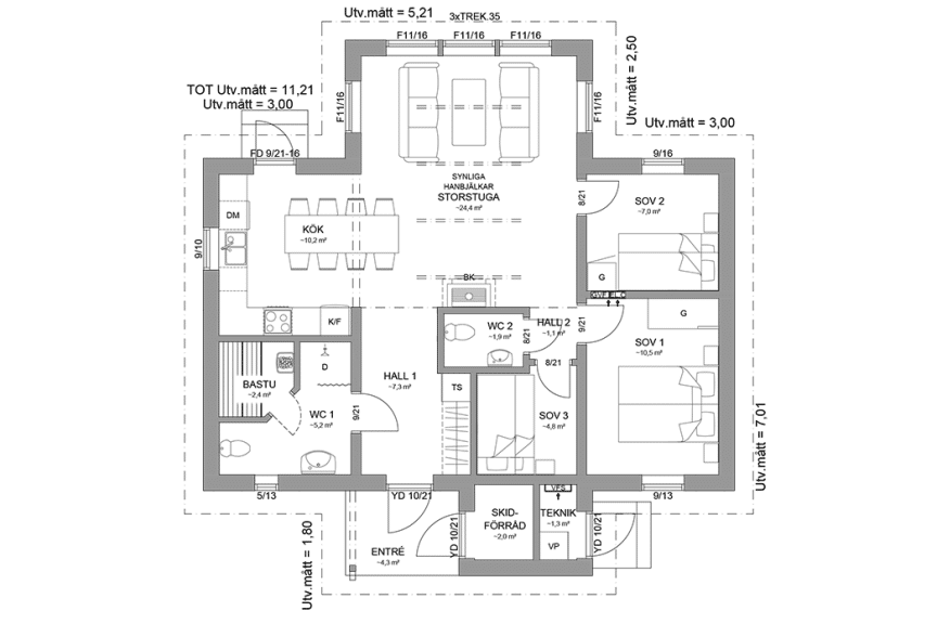 Planritning entreplan fjällstuga enplanshus 79 kvm Abisko 101 spegelvänd