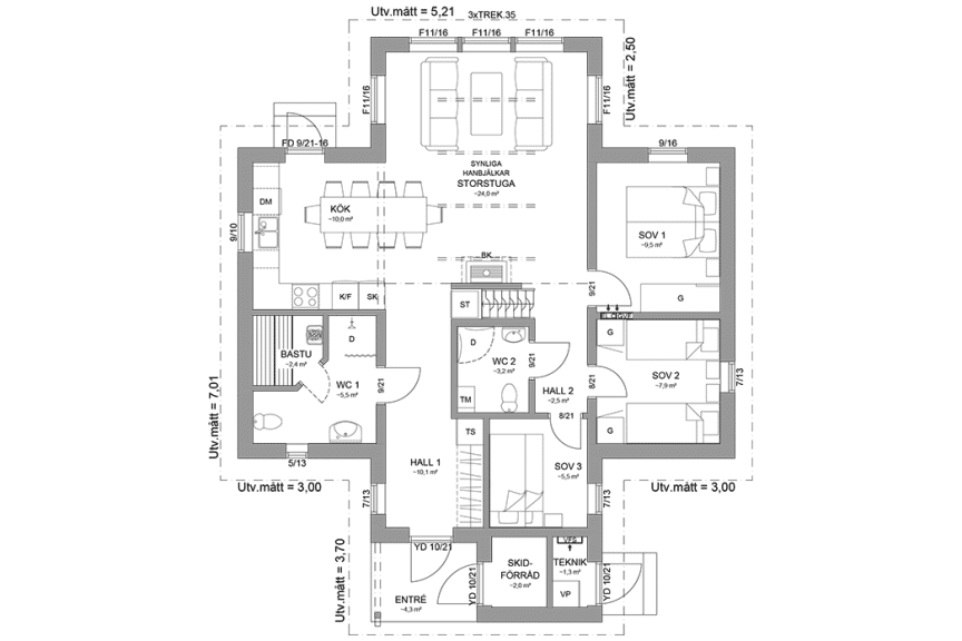 Planritning entreplan fjällstuga med loft 88 kvm Abisko 111 loft spegelvänd