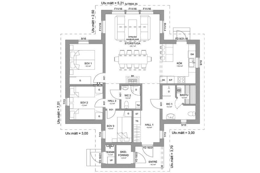 Planritning fjällstuga enplanshus 88 kvm Abisko 111