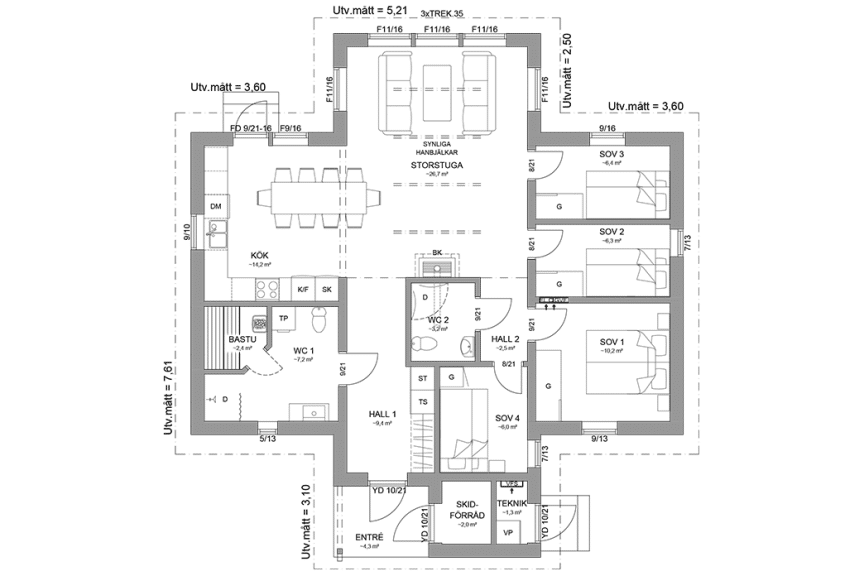 Planritning fjällstuga enplanshus 99 kvm Abisko 124 spegelvänd