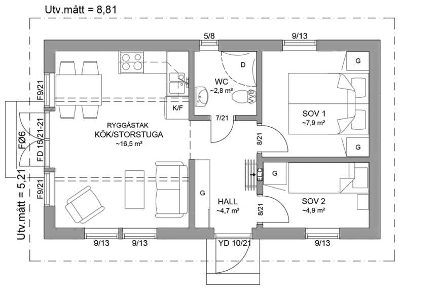 Planritning fritidshus enplanshus 39 kvm Agö 23-46