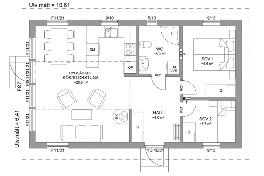 Planritning fritidshus enplanshus 59 kvm Agö 23-68