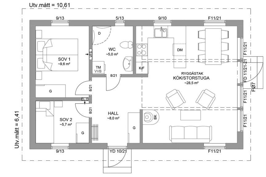 Planritning fritidshus enplanshus 59 kvm Agö 23-68 spegelvänd