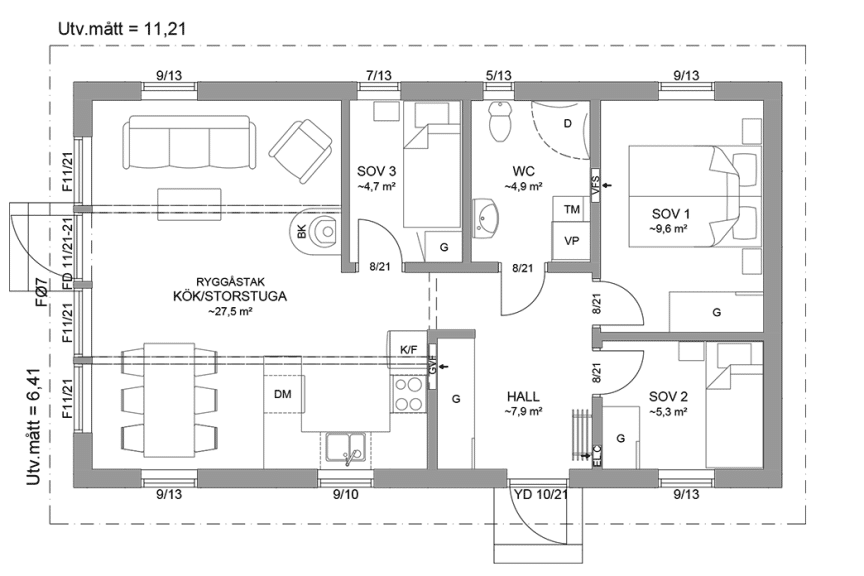 Planritning fritidshus enplanshus 63 kvm Agö 23-72