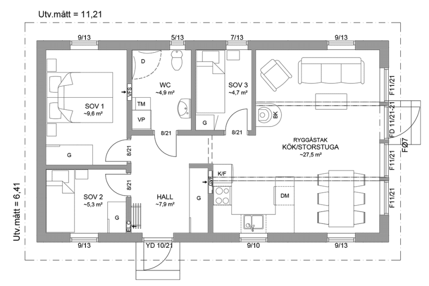 Planritning fritidshus enplanshus 63 kvm Agö 23-72 spegelvänd