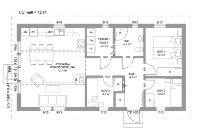 Planritning fritidshus enplanshus 68 kvm Agö 23-80