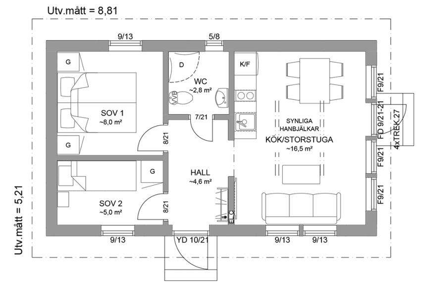 Planritning fritidshus enplanshus 39 kvm Agö 27-46 spegelvänd