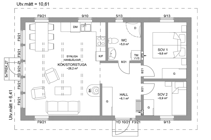 Planritning fritidshus enplanshus 60 kvm Agö 27-68