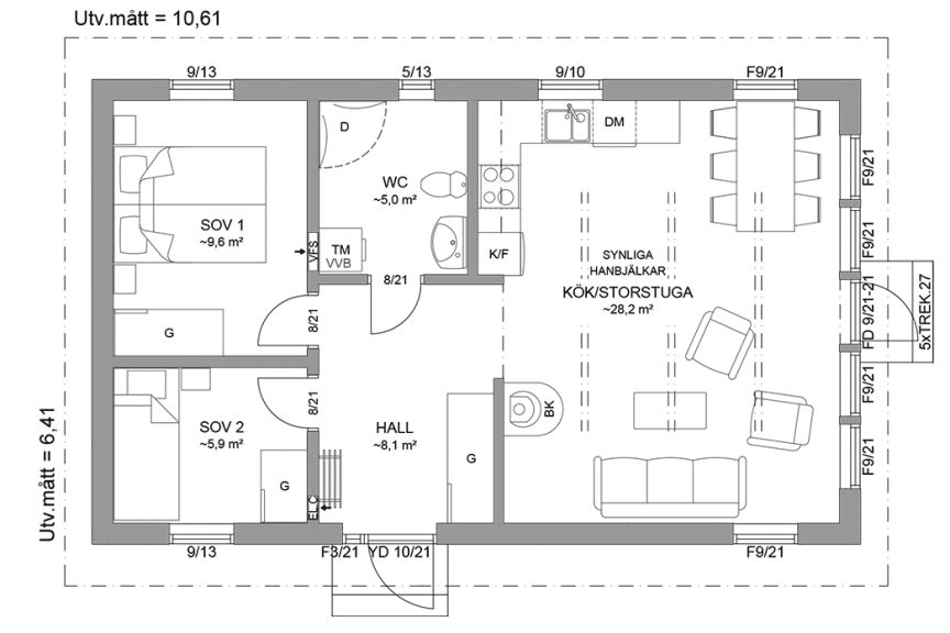 Planritning fritidshus enplanshus 60 kvm Agö 27-68 spegelvänd