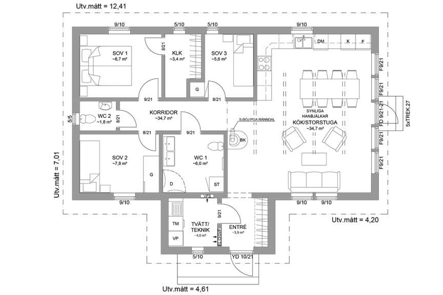Planritning fritidshus enplanshus med vinkel 88 kvm Agö 27-97 spegelvänd