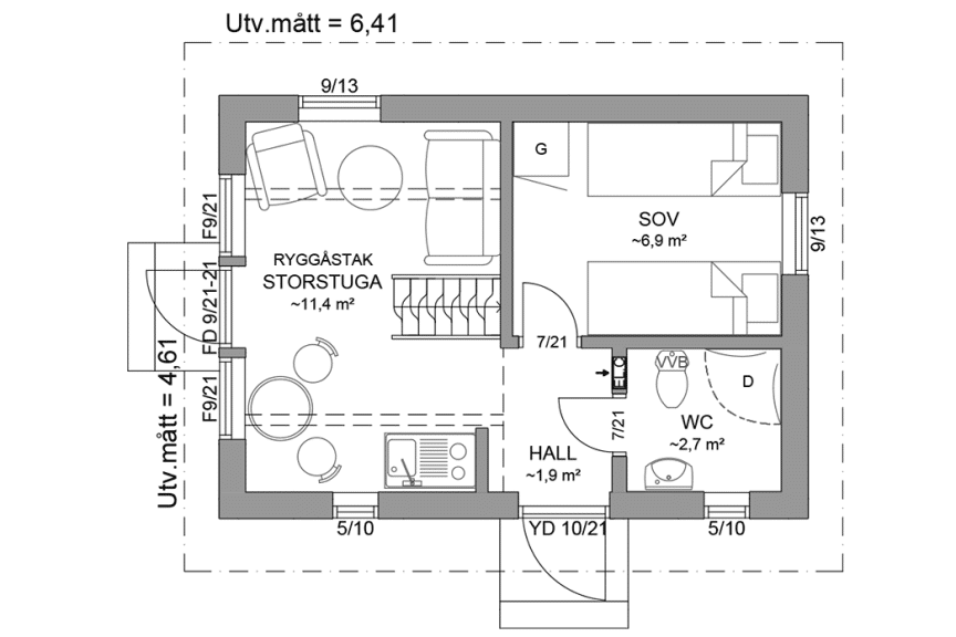 Planritning entreplan fritidshus med loft 24 kvm Agö 35-30
