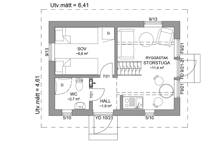 Planritning entreplan fritidshus med loft 24 kvm Agö 35-30 spegelvänd