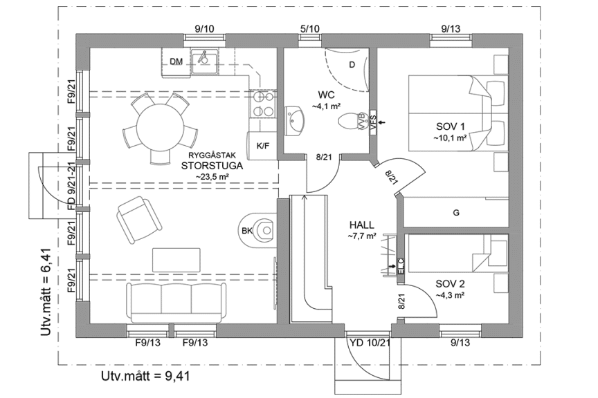 Planritning entreplan fritidshus med loft 50 kvm Agö 35-60