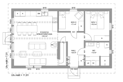 Planritning entreplan fritidshus med loft 80 kvm Agö 35-83 FHV