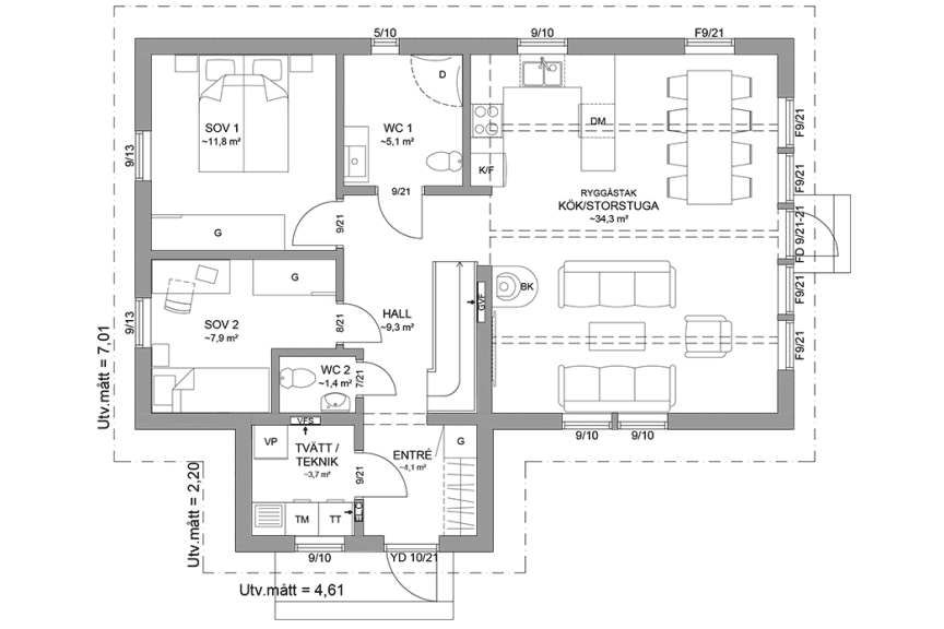 Planritning entreplan fritidshus med loft 90 kvm Agö 35-93 FHV spegelvänd