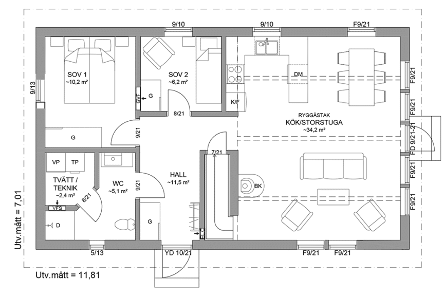 Planritning entreplan fritidshus med loft 90 kvm Agö 40-83 spegelvänd