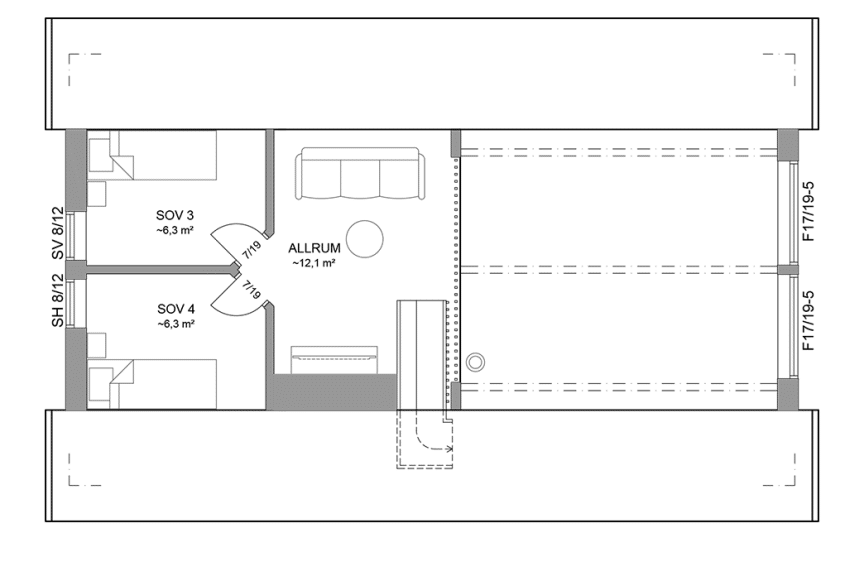 Planritning loftplan fritidshus med loft 90 kvm Agö 40-83 spegelvänd