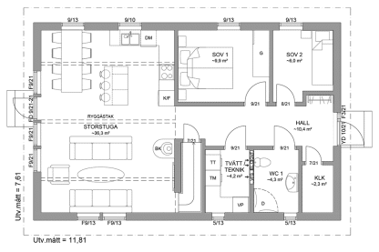 Planritning entreplan fritidshus med loft 102 kvm Agö 40-90