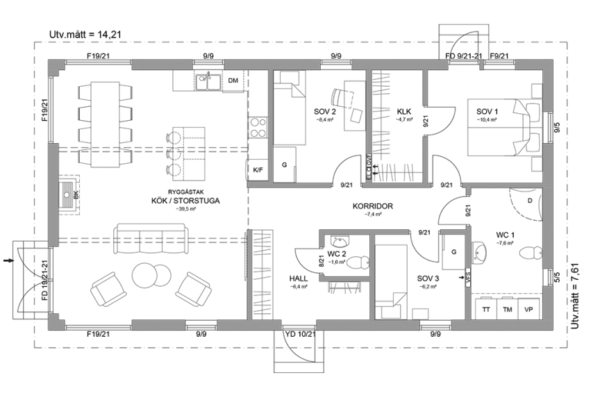 Planritning fritidshus enplanshus 97 kvm Alster 23-108