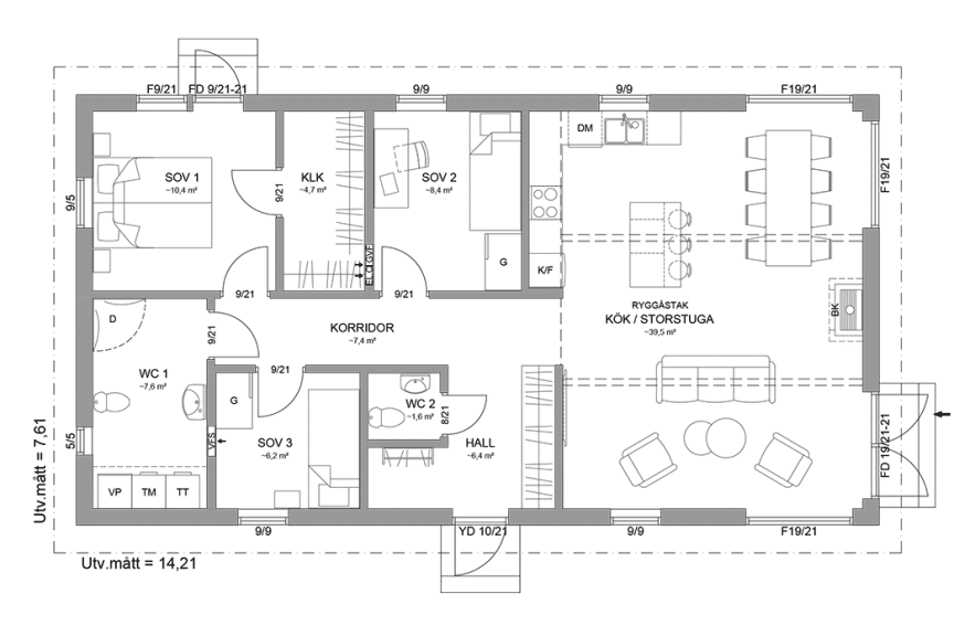 Planritning fritidshus enplanshus 97 kvm Alster 23-108 spegelvänd