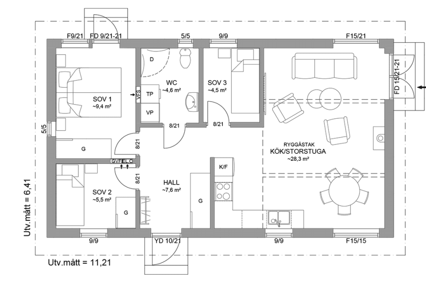 Planritning fritidshus enplanshus 63 kvm Alster 23-72 spegelvänd