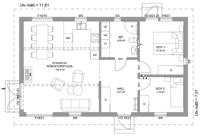 Planritning fritidshus enplanshus 73 kvm Alster 23-83