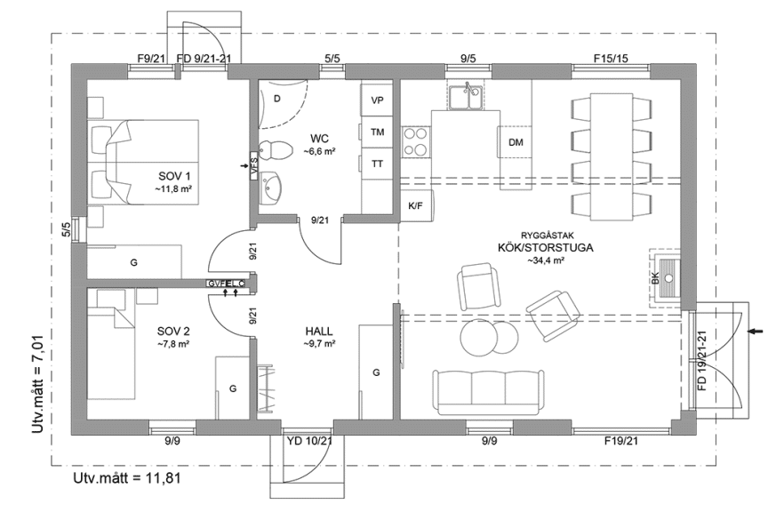 Planritning fritidshus enplanshus 73 kvm Alster 23-83 spegelvänd