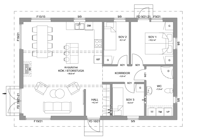 Planritning Alster 23-90 enplanshus 80 kvm spegelvänd