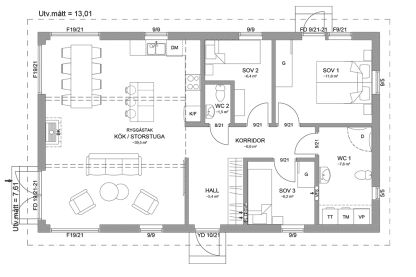 Planritning fritidshus enplanshus 88 kvm Alster 23-99