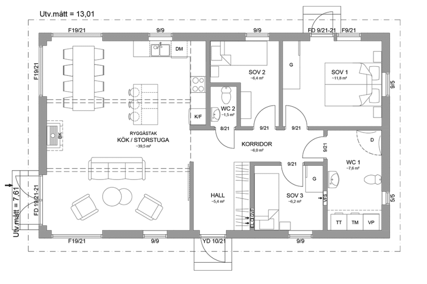 Planritning fritidshus enplanshus 88 kvm Alster 23-99
