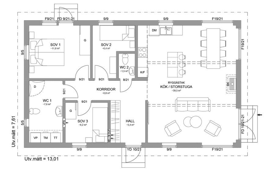 Planritning fritidshus enplanshus 88 kvm Alster 23-99 spegelvänd