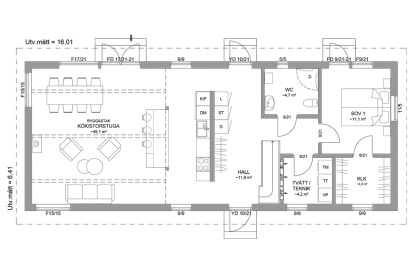 Planritning entreplan fritidshus med loft 113 kvm Alster 35-103 FHV spegelvänd