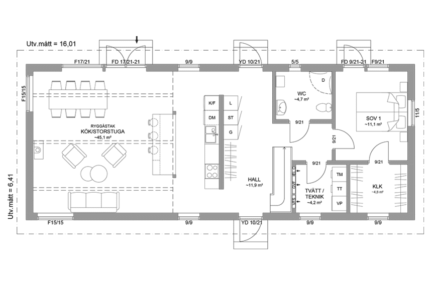 Planritning entreplan fritidshus med loft 113 kvm Alster 35-103 FHV spegelvänd
