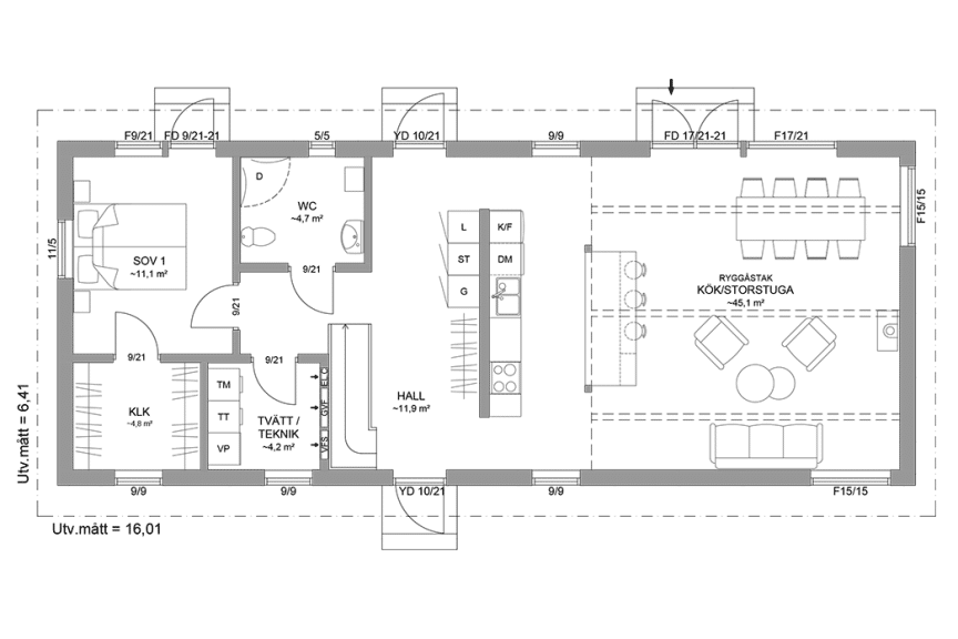 Planritning entreplan fritidshus med loft 113 kvm Alster 35-103 FHV spegelvänd