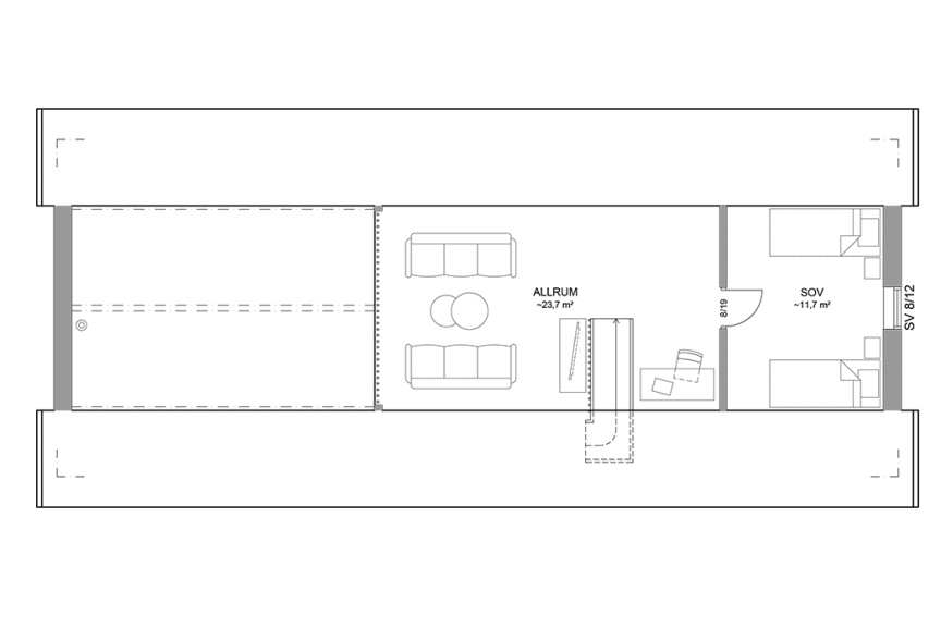 Planritning loftplan fritidshus med loft 113 kvm Alster 35-103 FHV spegelvänd
