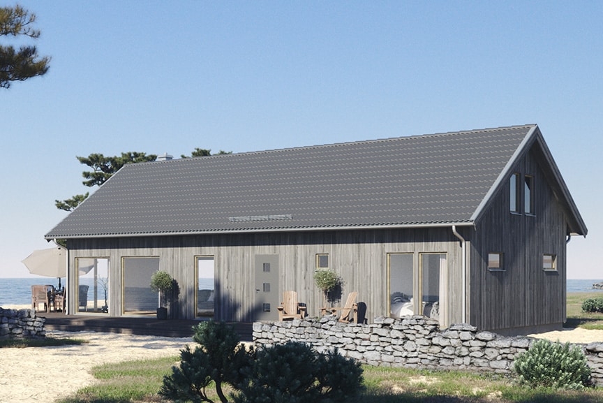 Närbild Alster 35-112, ladhus med loft i miljö på en strandäng