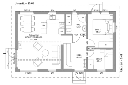 Planritning entreplan fritidshus med loft 72 kvm Alster 35-68 FHV