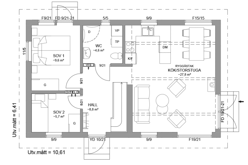 Planritning entreplan fritidshus med loft 72 kvm Alster 35-68 FHV spegelvänd