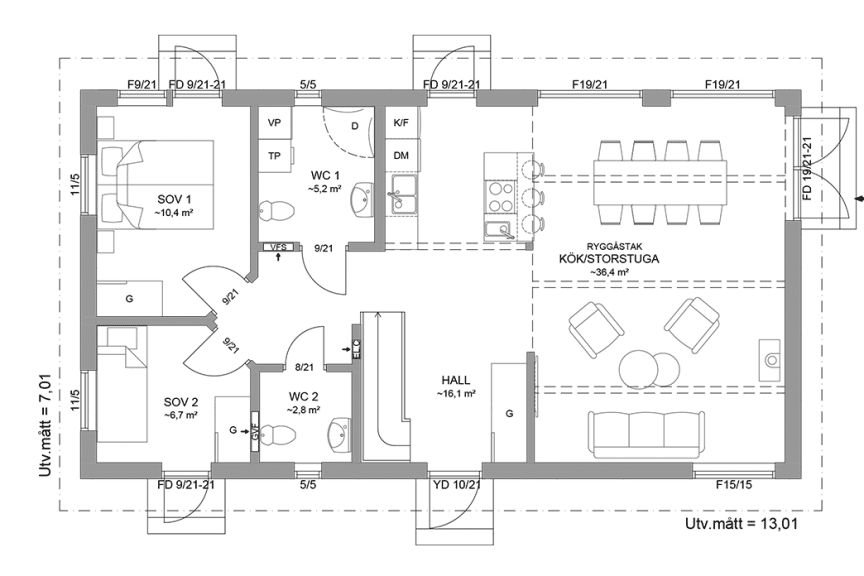 Planritning entreplan fritidshus med loft 104 kvm Alster 35-91 FHV spegelvänd