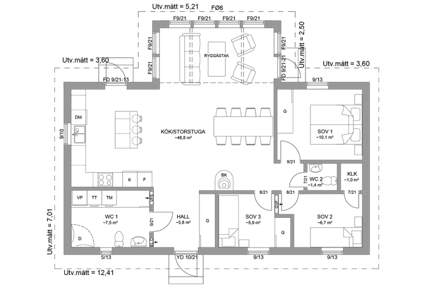 Planritning fritidshus enplanshus vinkelhus 88 kvm Ängnö 23-100 spegelvänd