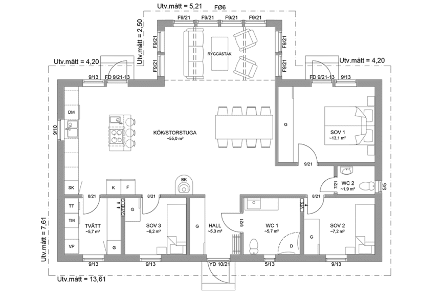 Planritning fritidshus enplanshus vinkelhus 104 kvm Ängnö 23-117 spegelvänd