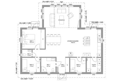 Planritning fritidshus enplanshus vinkelhus 114 kvm Ängnö 23-127