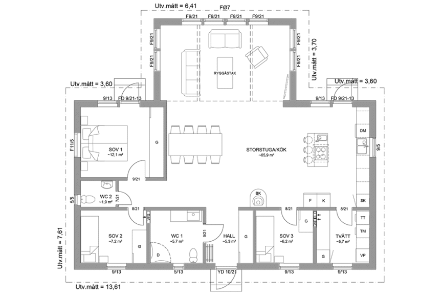 Planritning fritidshus enplanshus vinkelhus 114 kvm Ängnö 23-127