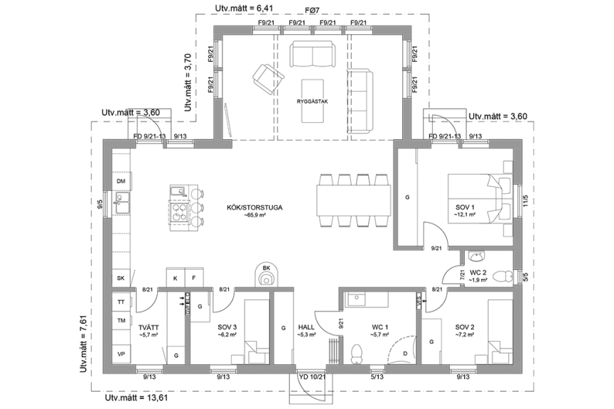 Planritning fritidshus enplanshus vinkelhus 114 kvm Ängnö 23-127 spegelvänd