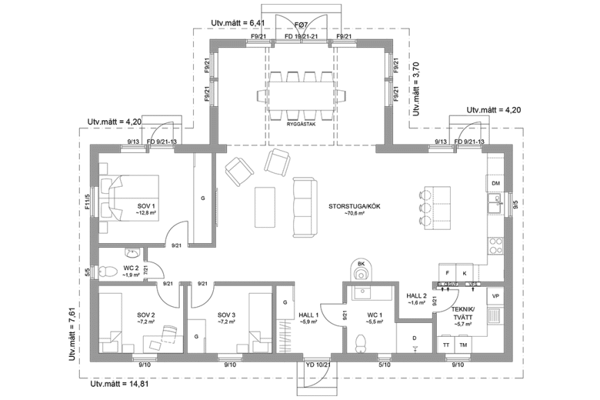 Planritning fritidshus enplanshus vinkelhus 122 kvm Ängnö 23-137 spegelvänd