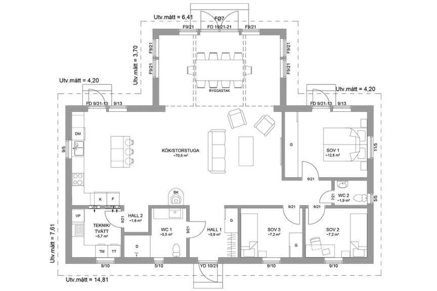 Planritning fritidshus enplanshus vinkelhus 122 kvm Ängnö 23-137 spegelvänd