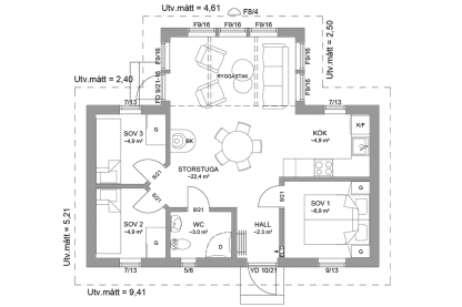 Planritning fritidshus enplanshus vinkelhus 52 kvm Ängnö 23-61