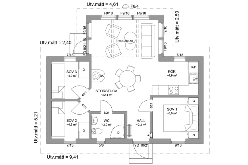 Planritning fritidshus enplanshus vinkelhus 52 kvm Ängnö 23-61