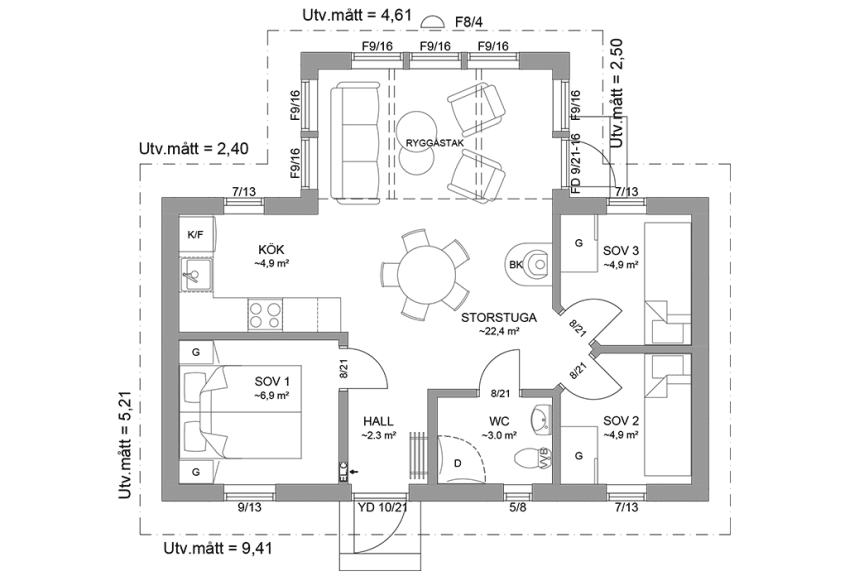 Planritning fritidshus enplanshus vinkelhus 52 kvm Ängnö 23-61 spegelvänd